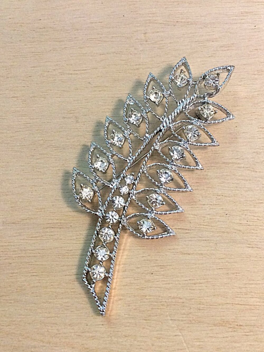 Vintage Estate 3.5" Silver Tone Substantial Leaf Brooch Pin Clear Rhinestones